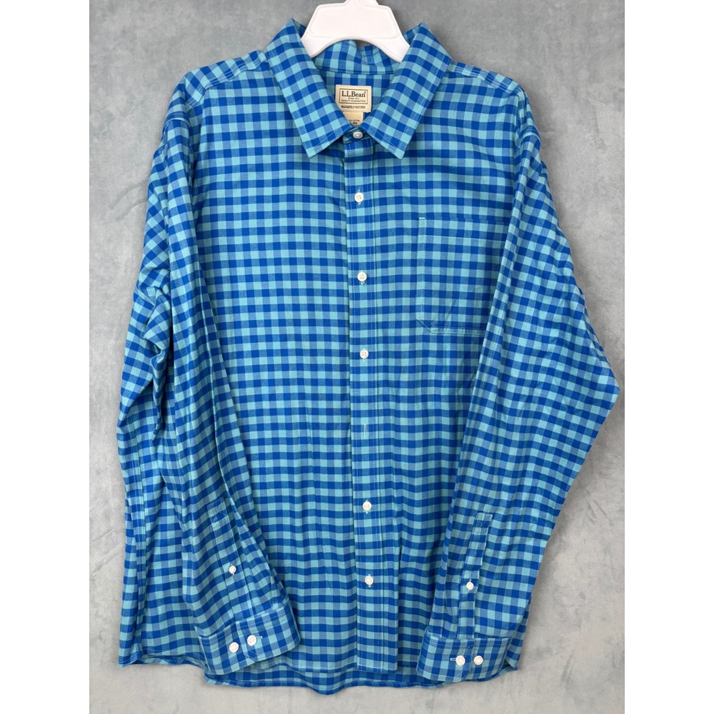 LL Bean Mens XL Blue Gingham Button Down Shirt Slightly Fitted Cotton 513829